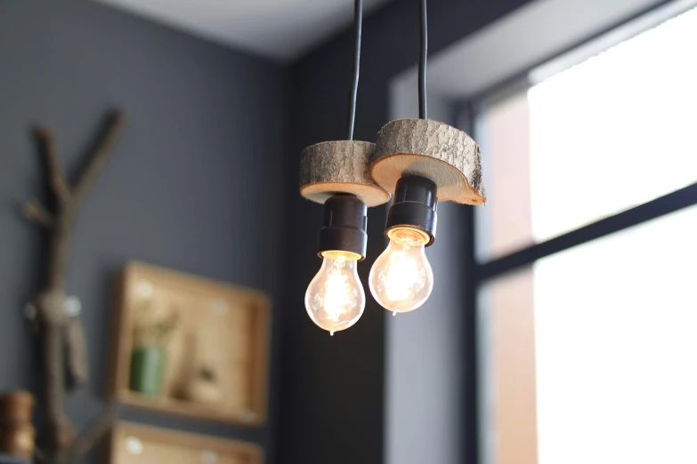 a couple of light bulbs hanging from a ceiling, inspired by Jakob Emanuel Handmann, wood effect, 3 light sources, medium lighting, table light