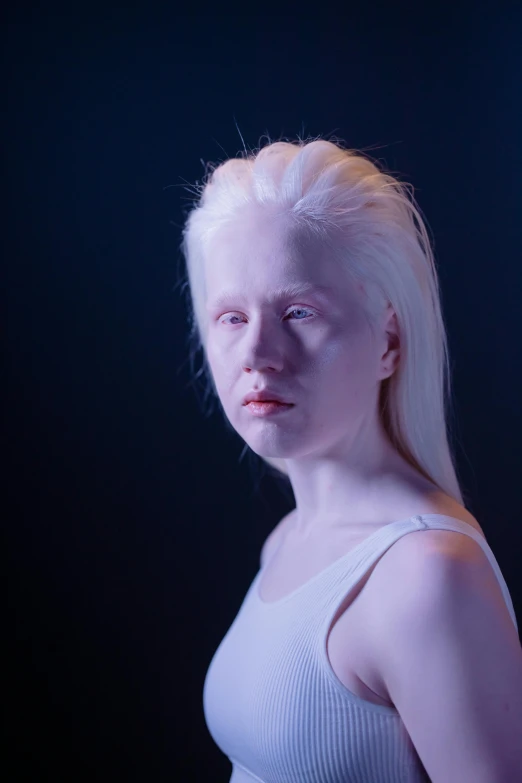 a woman with white hair wearing a tank top, an album cover, inspired by Louisa Matthíasdóttir, featured on reddit, hyperrealism, albino skin, uncanny valley!, her face is coated in a whitish, pale young ghost girl