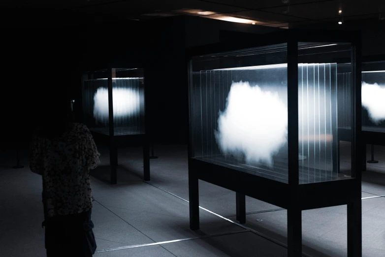 a couple of people that are standing in a room, a hologram, inspired by Carrie Mae Weems, unsplash, loots of clouds, displayed in a museum, dry ice, inside a science facility