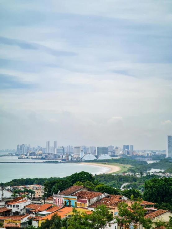 a view of a city from the top of a hill, by Ni Zan, pexels contest winner, beach in the foreground, as seen from the canopy, stanley artgem lau, panorama distant view