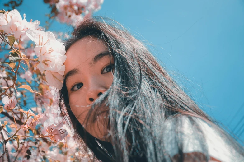 a woman with a flower in her hair, pexels contest winner, young asian girl, avatar image, sakura bloomimg, low angle photo