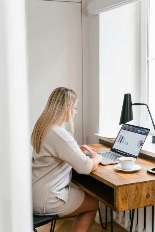 a woman sitting at a desk using a laptop computer, by Nicolette Macnamara, trending on unsplash, a blond, power bi dashboard, low quality photo, full-body