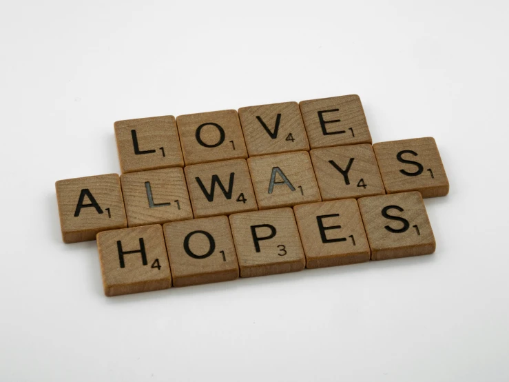 wooden scrabbles spelling love always hopes, inspired by Robert Alwyn Hughes, postcard, press shot, - 12p, where a large