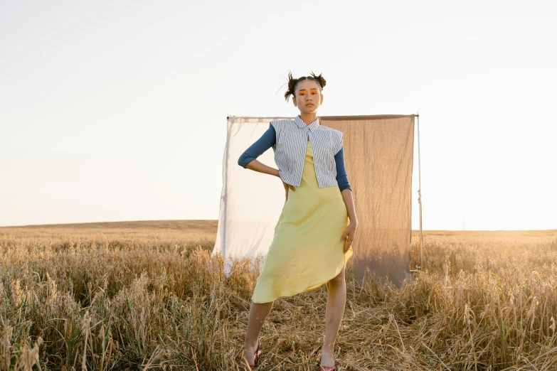 a woman in a yellow dress standing in a field, by Carey Morris, modeled, with a ponytail, slide show, bella poarch