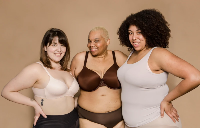 a group of three women standing next to each other, by Carey Morris, unsplash, posing together in bra, burly, muted browns, product shot