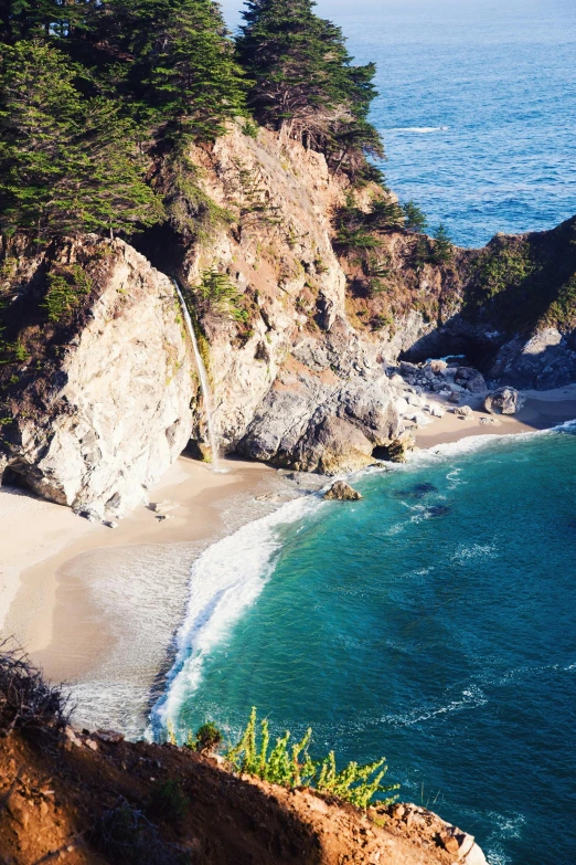 a large body of water next to a sandy beach, ocean cliff view, cascading, looking down from above, beaches