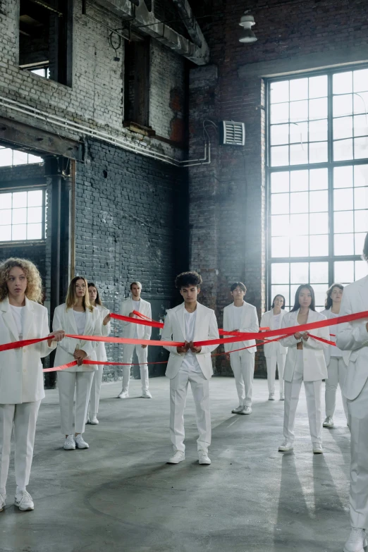 a group of people cutting a red ribbon, inspired by Vanessa Beecroft, antipodeans, white suit, official music video, imaan hammam, wide open city ”