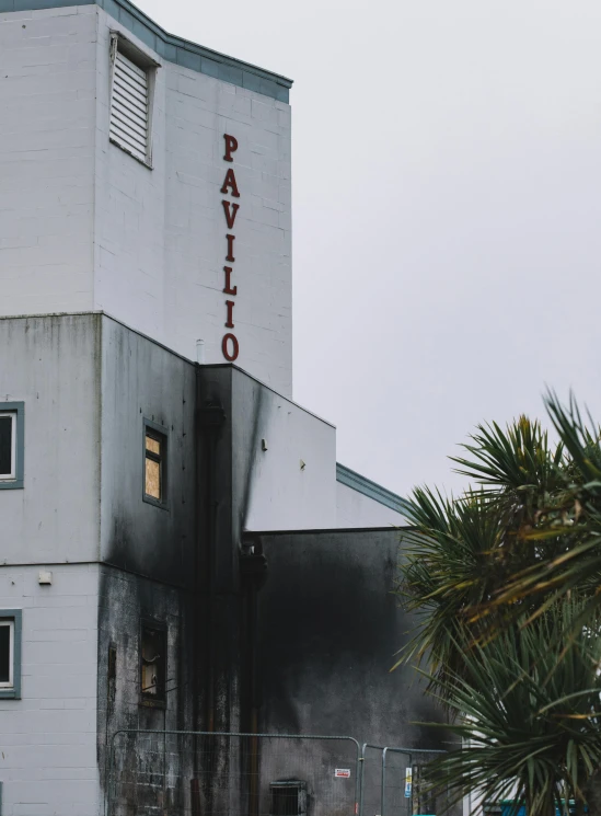 a white building with a palm tree in front of it, by Daniel Lieske, pexels contest winner, graffiti, smouldering charred timber, reykjavik junior college, silo, profile image