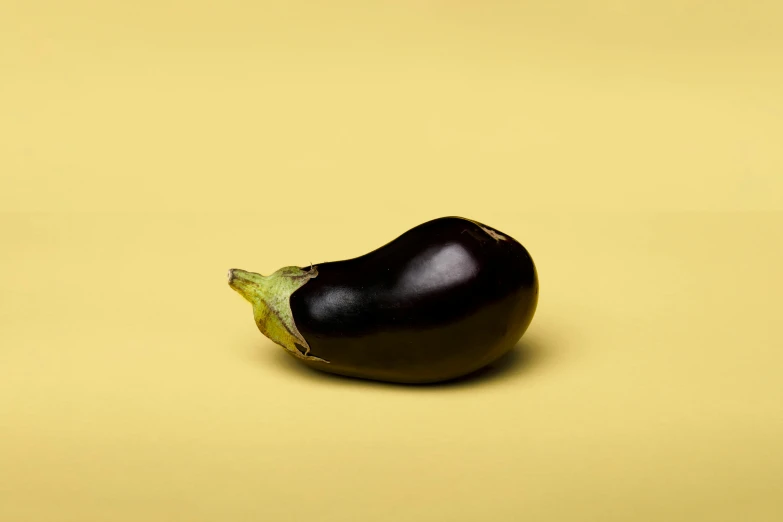 a single eggplant on a yellow background, inspired by Robert Mapplethorpe, unsplash, side view profile, dark brown, medium format, dezeen
