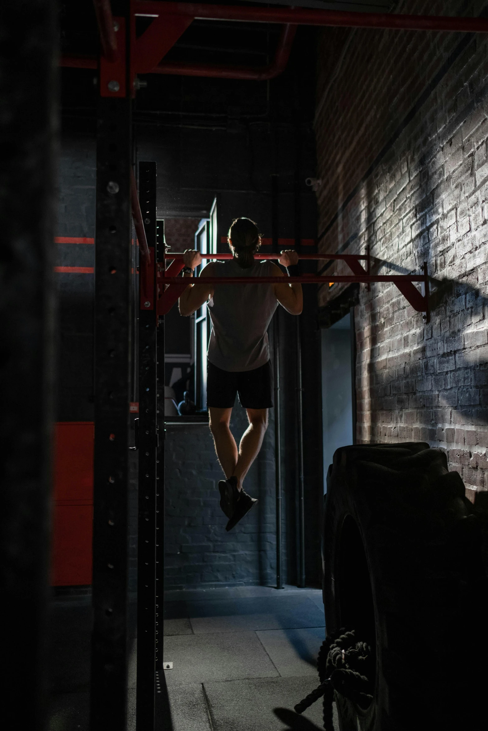 a man doing a pull up in a gym, happening, paul barson, square, profile image, reds