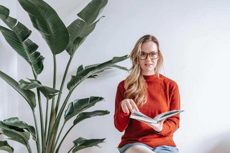 a woman sitting on a stool reading a book, by Terese Nielsen, pexels contest winner, plants in glasses, wearing a red turtleneck sweater, product introduction photo, 🦩🪐🐞👩🏻🦳