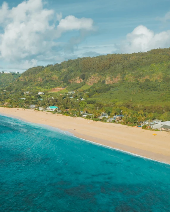 a large body of water next to a sandy beach, airplane view, kauai, beach trees in the background, thumbnail