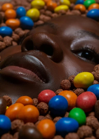 a close up of a woman's face covered in chocolate, inspired by Martin Schoeller, trending on pexels, m & m candy dispenser, diverse colors, man is with black skin, a high angle shot