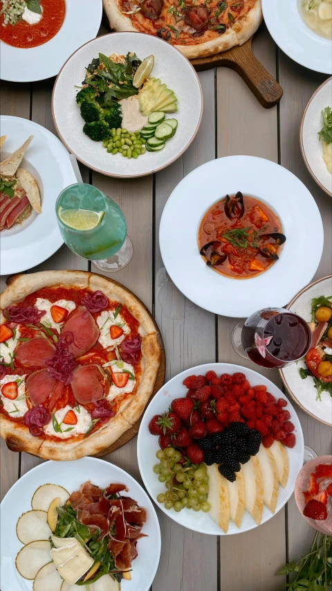 a number of plates of food on a table, pexels, renaissance, eating a pizza margherita, bird's view, al fresco, thumbnail