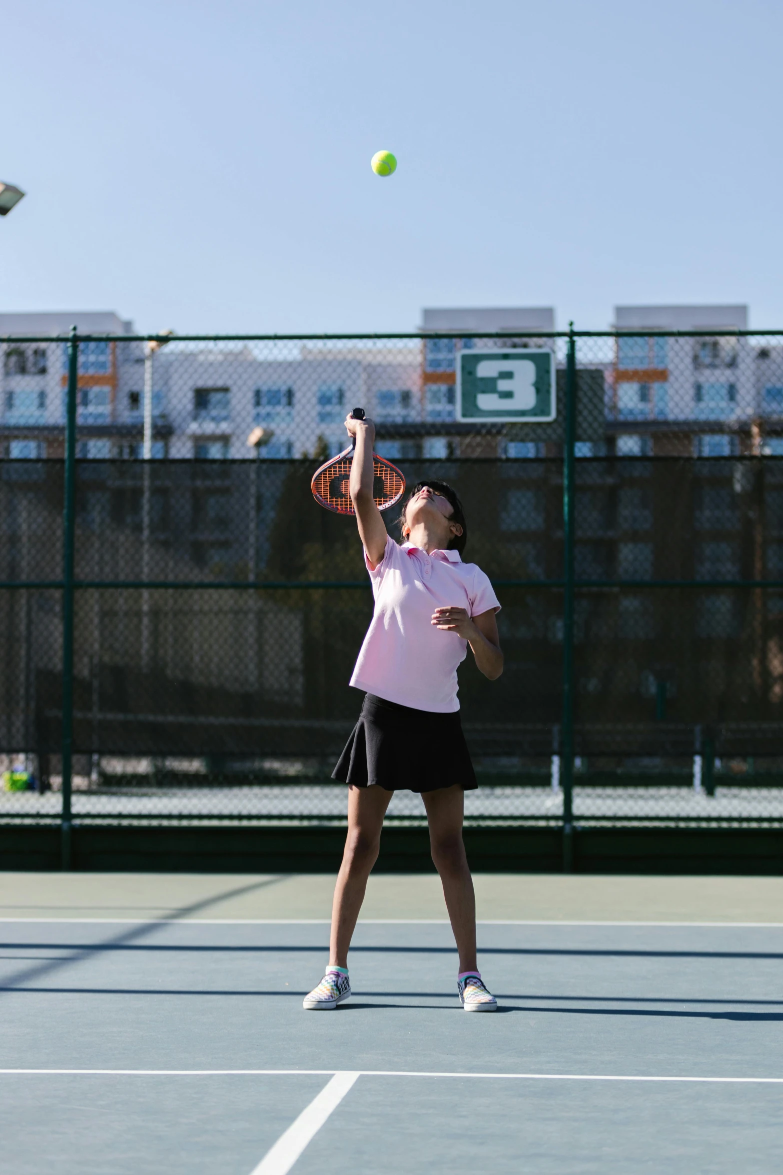 a woman standing on a tennis court holding a racquet, leslie zhang, serving body, panoramic view of girl, mai anh tran