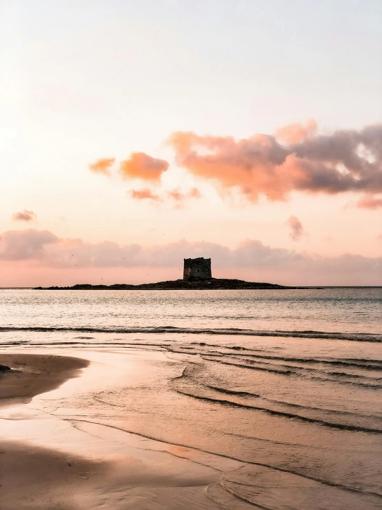 a man riding a surfboard on top of a sandy beach, located in a castle, pink skies, mayo, from a distance