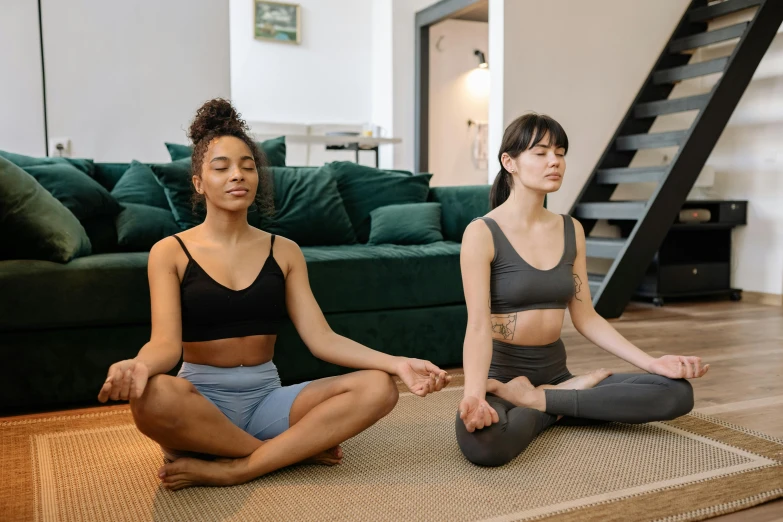 two women doing yoga in a living room, a photo, trending on pexels, green and brown clothes, acupuncture treatment, black, calm face