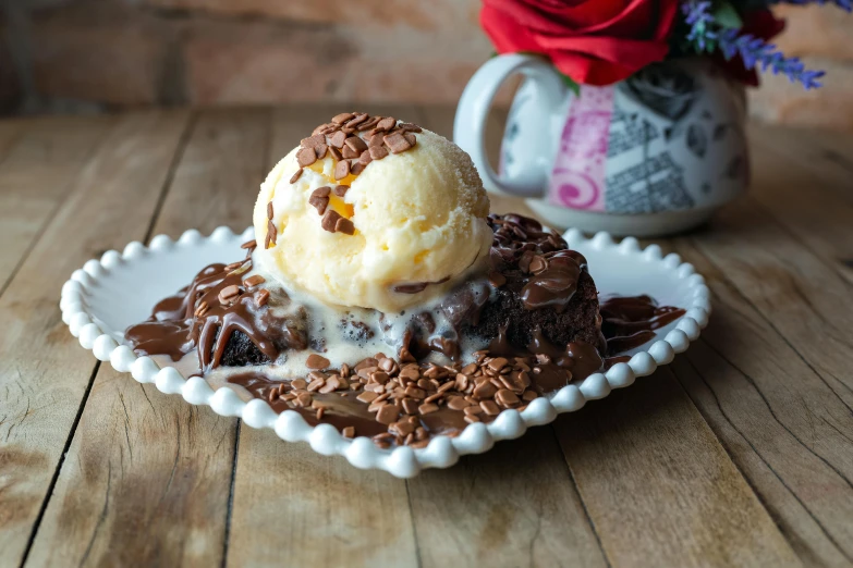 a white plate topped with a scoop of ice cream, overflowing, chocolate. rugged, floral, pizza the hut