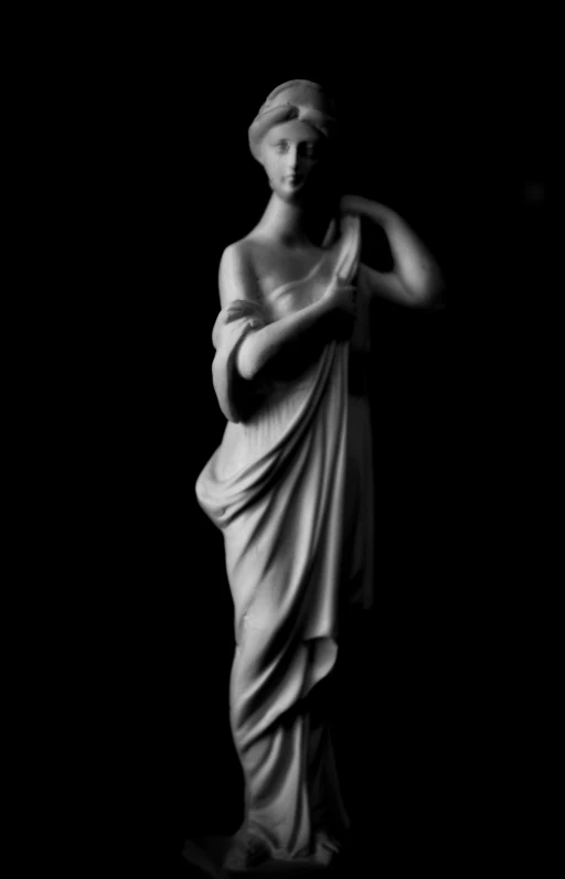 a black and white photo of a statue, by Antonio Canova, figurative art, cycladic! sculptural style, girl standing, taken in the night, michael hoppen
