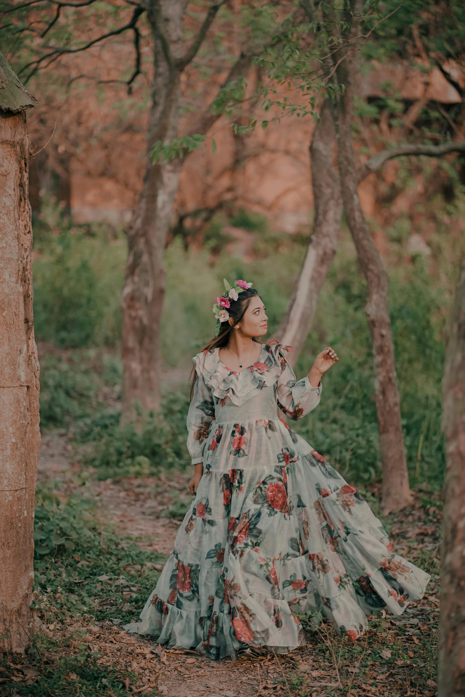 a woman in a long dress standing in the woods, an album cover, pexels contest winner, wearing a floral crown, promo image, spanish princess, patterned clothing