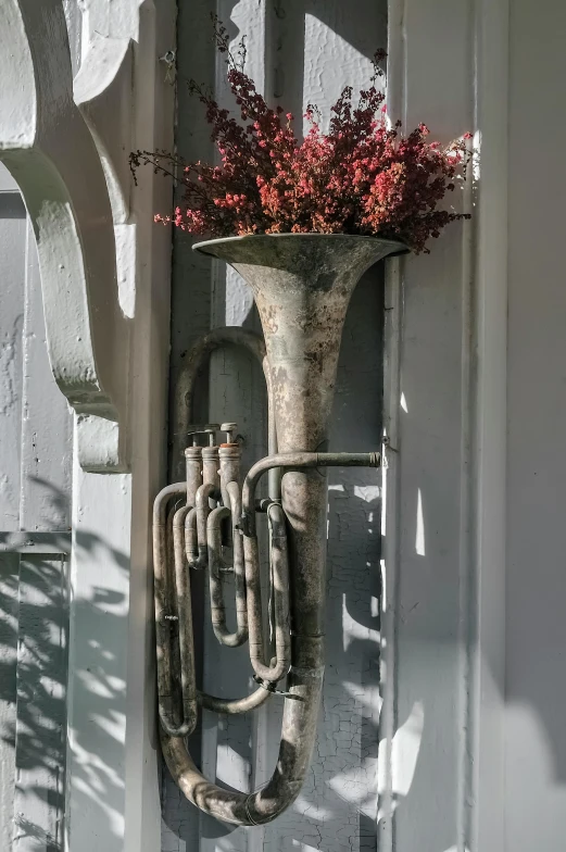 a musical instrument hanging on the side of a building, brass horns, tall flowers, faded worn, grey
