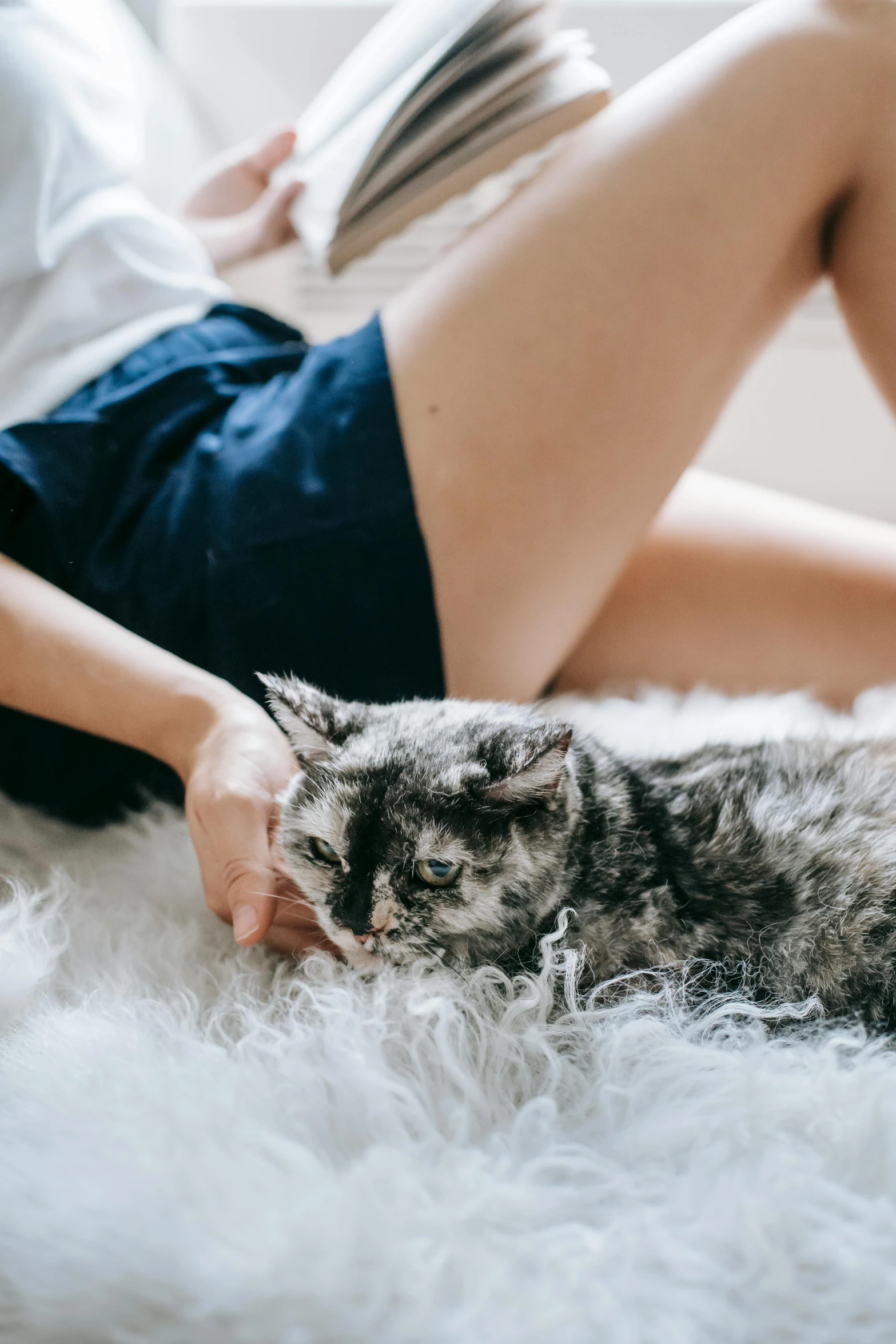 a woman laying on top of a bed next to a cat, by Julia Pishtar, trending on pexels, gray mottled skin, furry legs, she has beautiful bone structure, synthetic fur