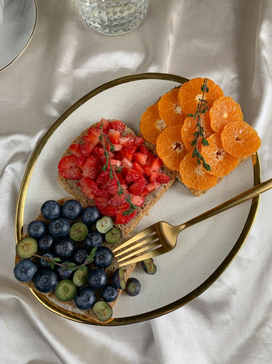 a close up of a plate of food on a table, berries, gucci bread, profile image, 0