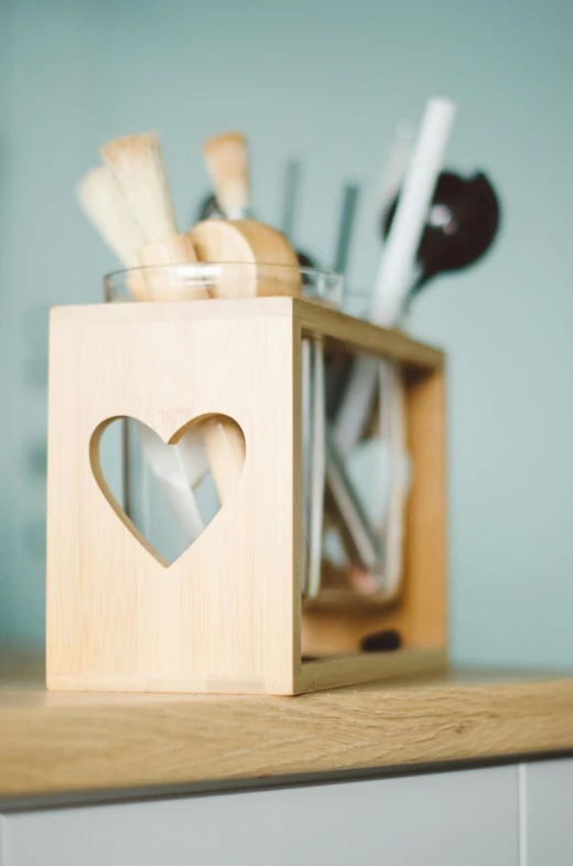 a wooden box with a heart cut out of it, a picture, unsplash, kitch, square, tall, product display photograph