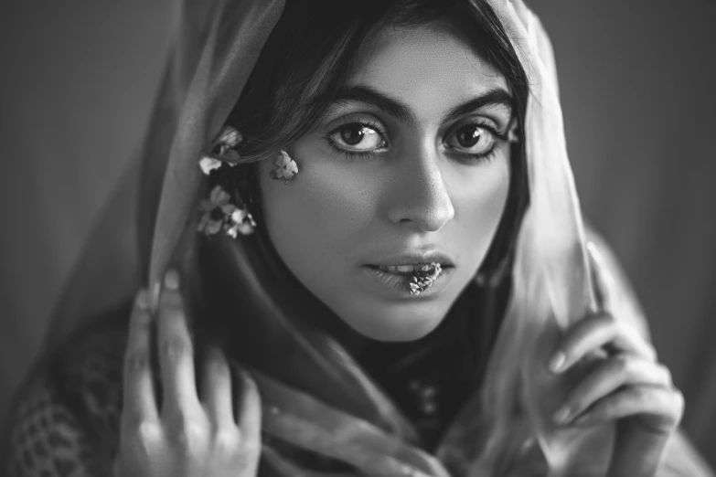 a black and white photo of a woman wearing a veil, inspired by irakli nadar, qajar art, ritu kumar, realistic beautiful big eyes, maya ali as d&d mage, trending photo