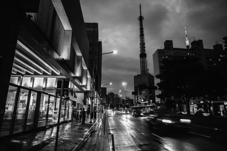 a black and white photo of a city street at night, by Adam Rex, pexels contest winner, realism, japan tokyo skytree, day after raining, sao paulo, today\'s featured photograph 4k