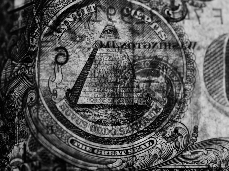 a close up of a one dollar bill, an etching, by Lasar Segall, pixabay, freemason symbol, an old balck and white photo, ancient evil letters, snapchat photo