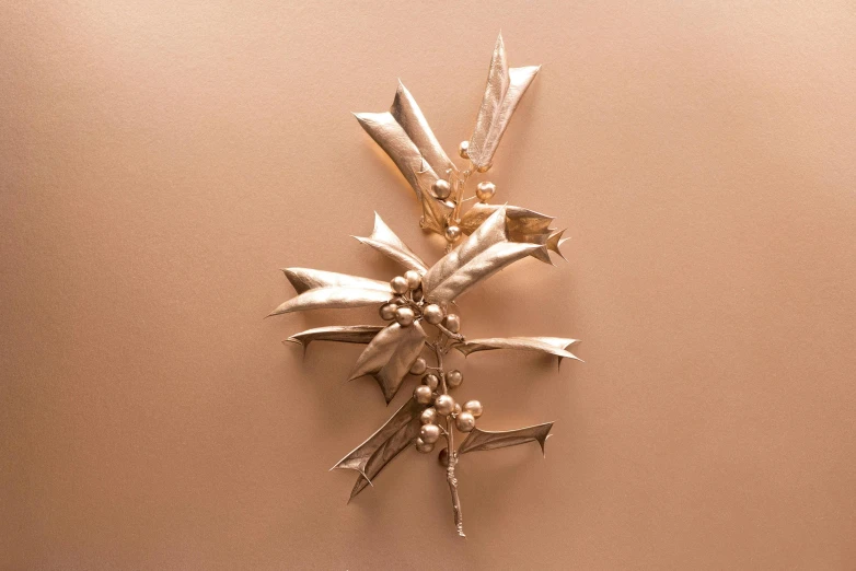 a close up of a metal object on a wall, inspired by Méret Oppenheim, hurufiyya, rose gold, laurels of glory, relaxed. gold background, detailed product image