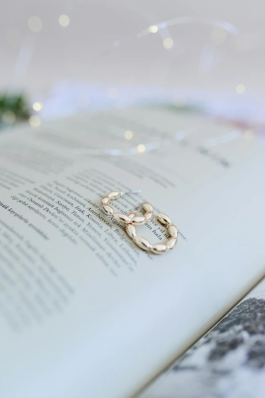 a close up of a book with a ring on it, silver earrings, gold jewellery, detailed product shot, large chain