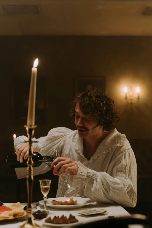 a man pouring wine into a glass at a dinner table, an album cover, inspired by Karl Bryullov, pexels, renaissance, perfectly lit. movie still, baroque curls, andrei tarkovsky scene, gold and white robes