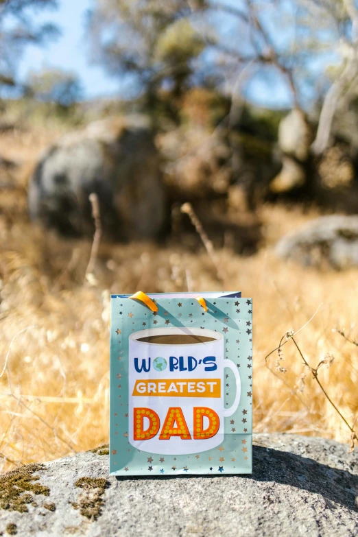 a cup of coffee sitting on top of a rock, a portrait, i'm dad, cereal box, in a scenic background, shaded