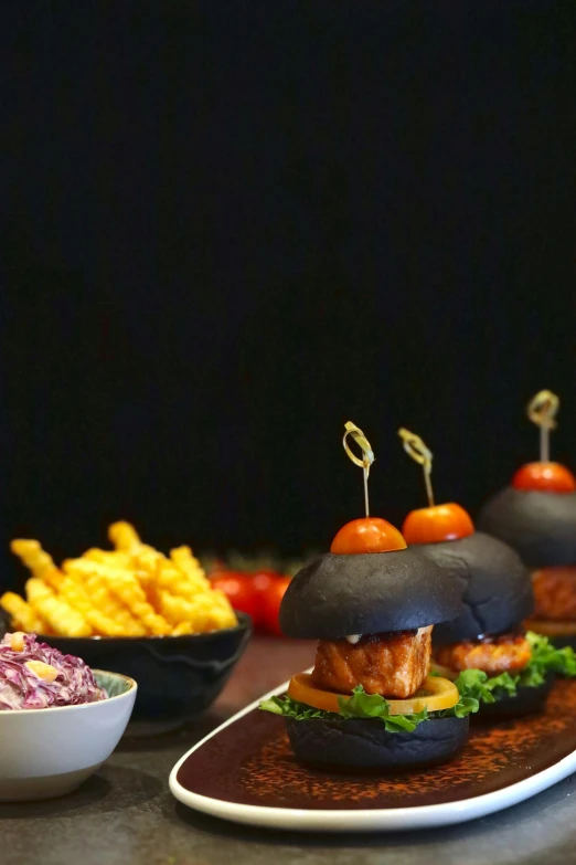 a close up of a plate of food on a table, tentacles wrapped around burgers, dark themed, blimps, smokey room