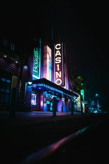 a city street at night with neon signs, a picture, by Josh Bayer, unsplash contest winner, photorealism, inside a casino, theater, california;, dark building