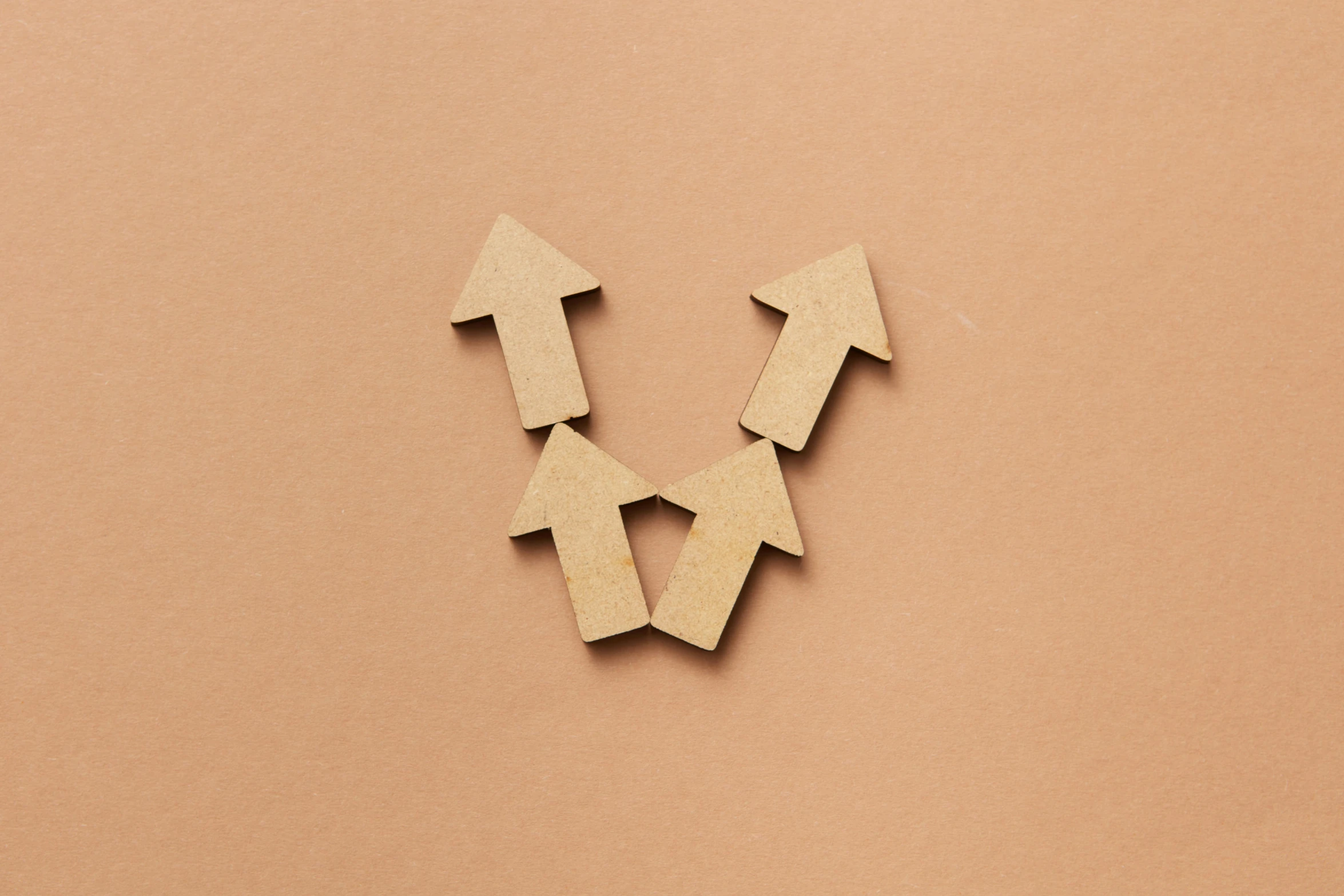three wooden arrows pointing in opposite directions on a brown background, an album cover, by Attila Meszlenyi, trending on pexels, visual art, made of cardboard, inflateble shapes, cutie mark, taupe