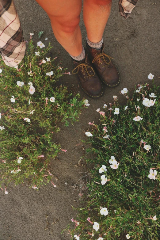 a couple of people standing next to each other, by Jessie Algie, trending on unsplash, land art, patchy flowers, feet on the ground, with soft bushes, a high angle shot