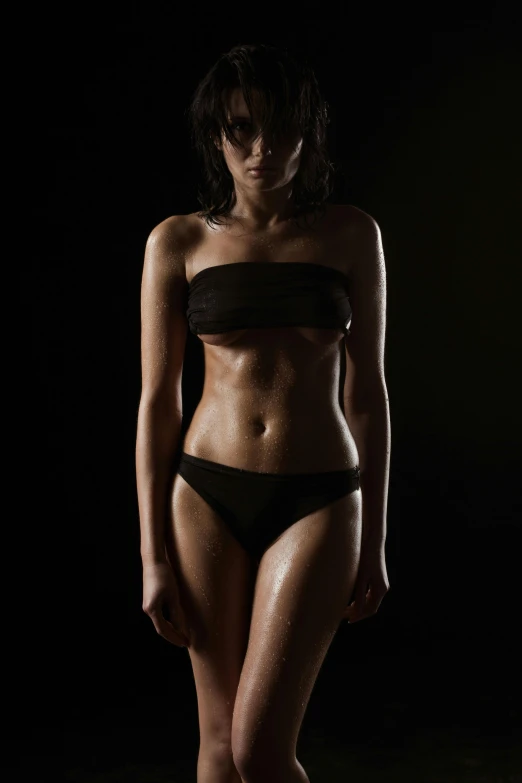 a woman in a black bikini posing for a picture, by Tom Bonson, sweaty wet skin, 5 0 0 px models, cut out, full body shot 4k