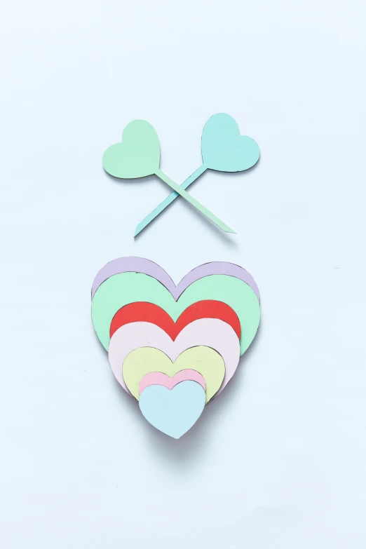 a bunch of paper hearts on a white surface, pastelle colors, svg sticker art, product shot, no - text no - logo