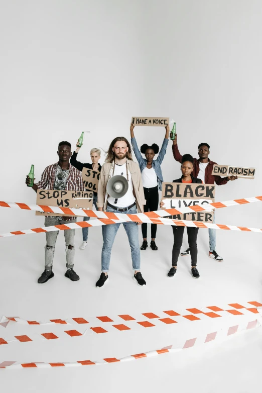 a group of people standing next to each other holding signs, pexels contest winner, black arts movement, full body potrait holding bottle, thumbnail, colored, broken signs