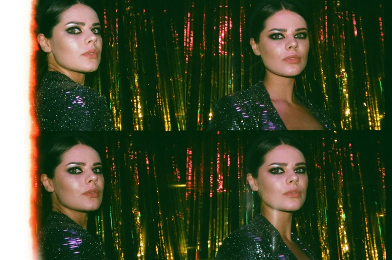 a woman posing for a picture in a photo booth, an album cover, inspired by Elsa Bleda, kendall jenner, grainy low quality, ashley greene, in a nightclub