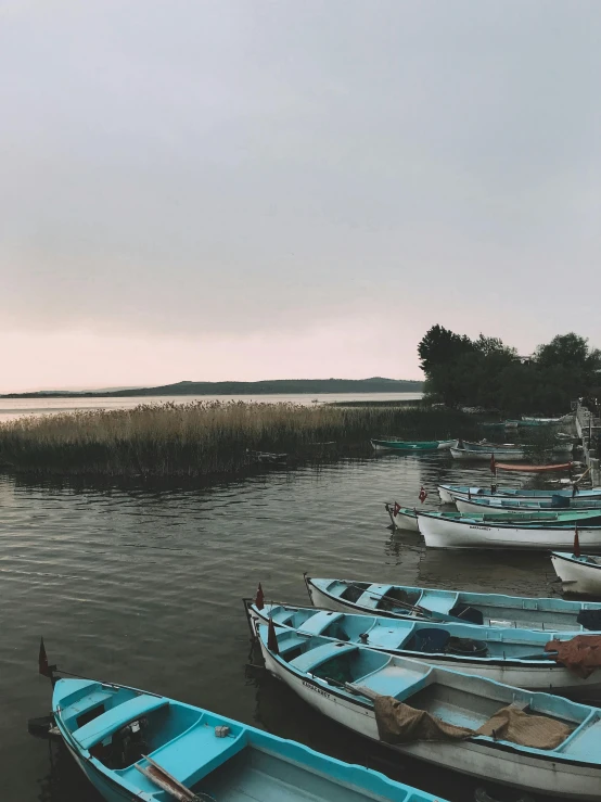 a number of small boats in a body of water, by Emma Andijewska, pexels contest winner, romanticism, lake in the background, humid evening, low quality photo, photo on iphone