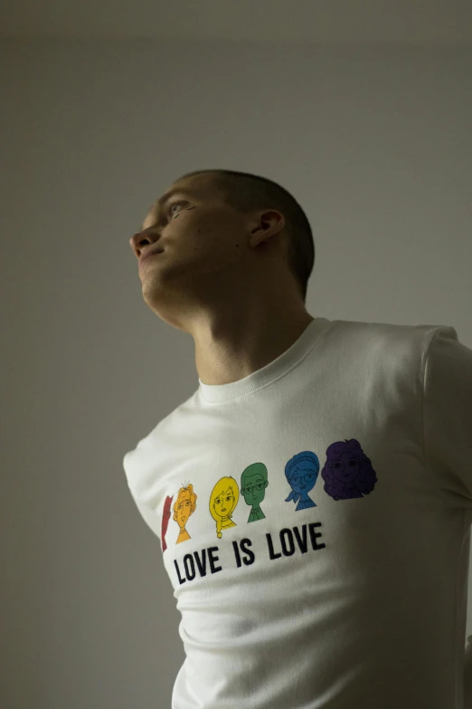 a man wearing a t - shirt that says love is love, inspired by Louis Hersent, slide show, kacper niepokolczycki, profile image