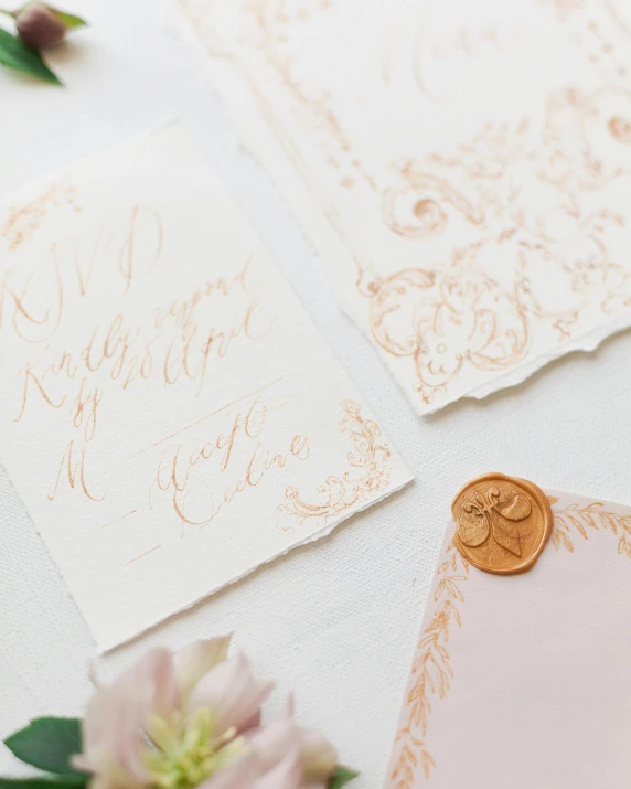 a close up of a piece of paper on a table, inspired by Sophie Pemberton, featured on instagram, rococo, rose gold, calligraphy border, textured base ; product photos, white background