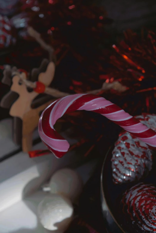 a close up of a plate of candy canes, inspired by Rudolph F. Ingerle, pexels, photorealism, silver white red details, video still, made of glazed, photorealistic cinematic render