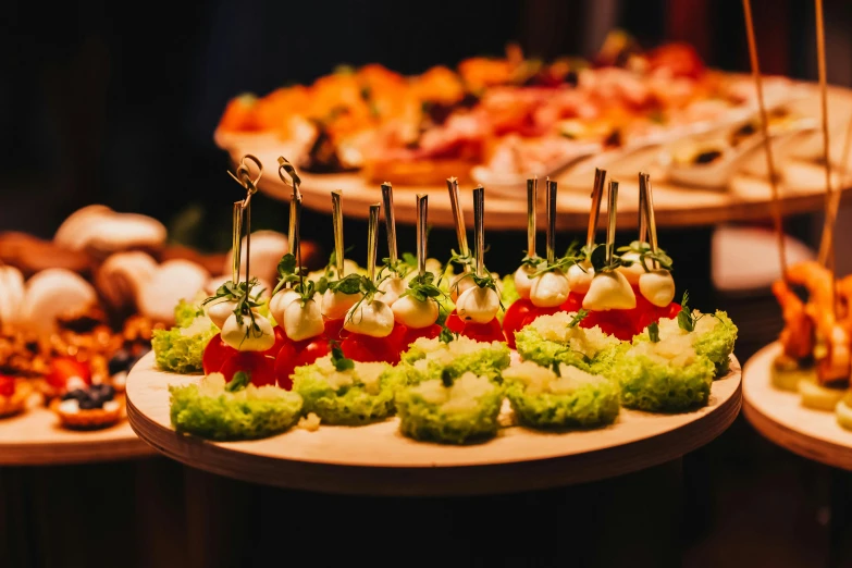 a variety of appetizers are displayed on plates, by Niko Henrichon, pexels, happening, red and green, evening, standing elegantly, advertising photo