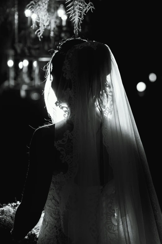 a black and white photo of a bride, by David Donaldson, pexels contest winner, romanticism, lit from behind, dark bright effect, face obscured, high-key lighting