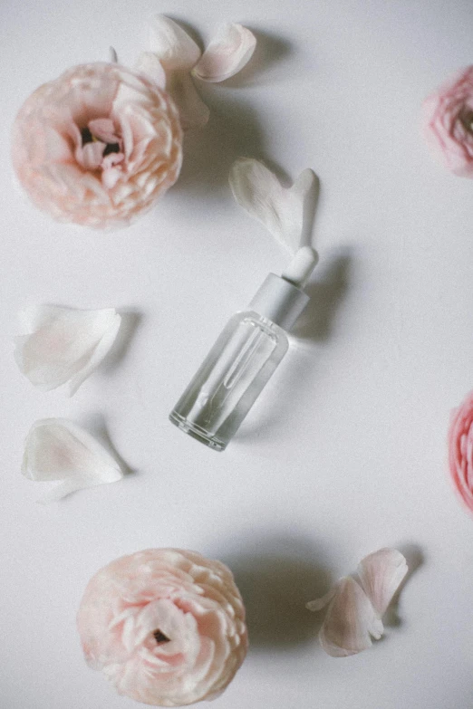 a bottle of perfume surrounded by pink flowers, by Grace Polit, trending on unsplash, white ribbon, clean minimalist design, thumbnail, silver，ivory